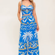 Blue Tropical Printed Woven Crop Top and Pant Set