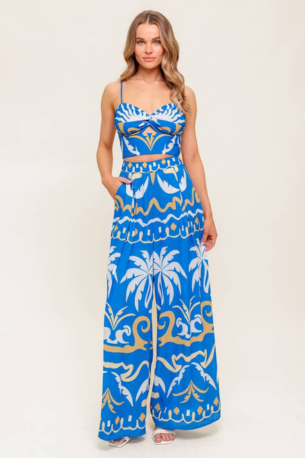Blue Tropical Printed Woven Crop Top and Pant Set