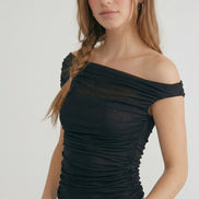 Black Ruched Mesh Off Shoulder Top