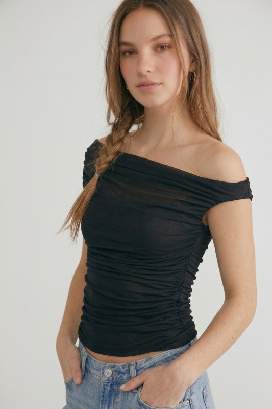 Black Ruched Mesh Off Shoulder Top
