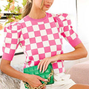 Pink Checkerboard Crew Neck Short Puff Sleeve Sweater