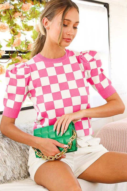 Pink Checkerboard Crew Neck Short Puff Sleeve Sweater