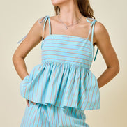 Blue Striped Square Neck Peplum Cami Top and Shorts Set