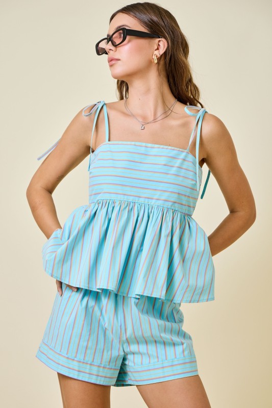 Blue Striped Square Neck Peplum Cami Top and Shorts Set
