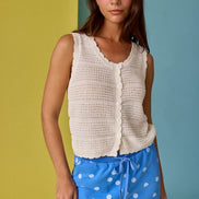 Crochet Knit Scoop Neck Button Down Top