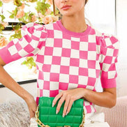 Pink Checkerboard Crew Neck Short Puff Sleeve Sweater