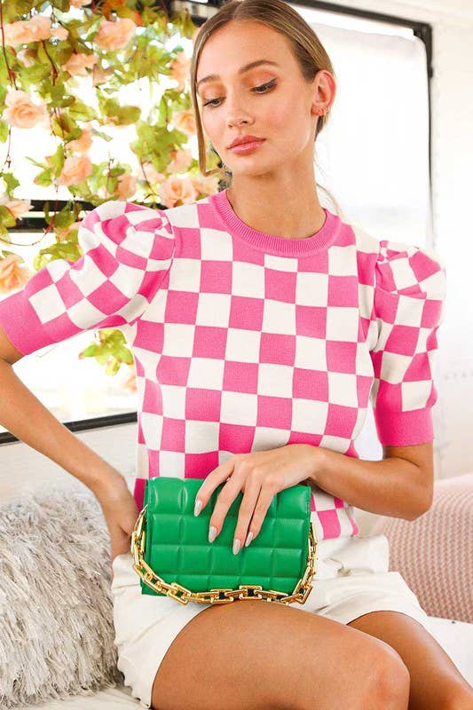 Pink Checkerboard Crew Neck Short Puff Sleeve Sweater