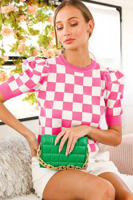 Pink Checkerboard Crew Neck Short Puff Sleeve Sweater