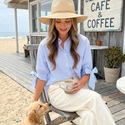 Blue V-Neck Bow Tie Accent Short Sleeve Stripe Blouse Top
