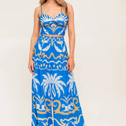 Blue Tropical Printed Woven Crop Top and Pant Set
