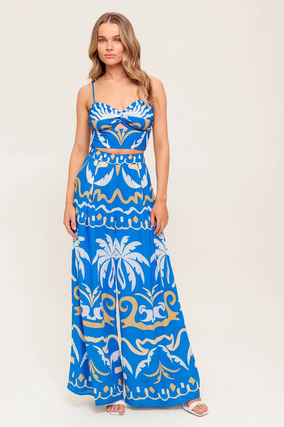 Blue Tropical Printed Woven Crop Top and Pant Set