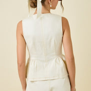 Cream Sleeveless Peplum & Stitch Denim High Waisted Short Set