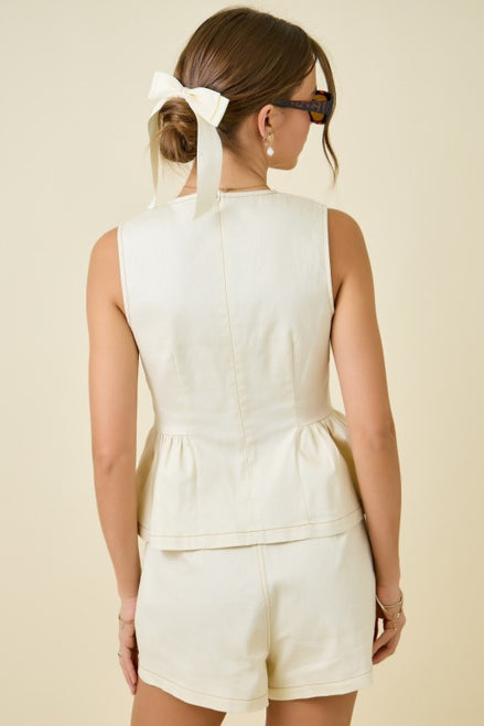 Cream Sleeveless Peplum & Stitch Denim High Waisted Short Set