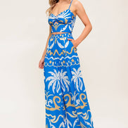 Blue Tropical Printed Woven Crop Top and Pant Set
