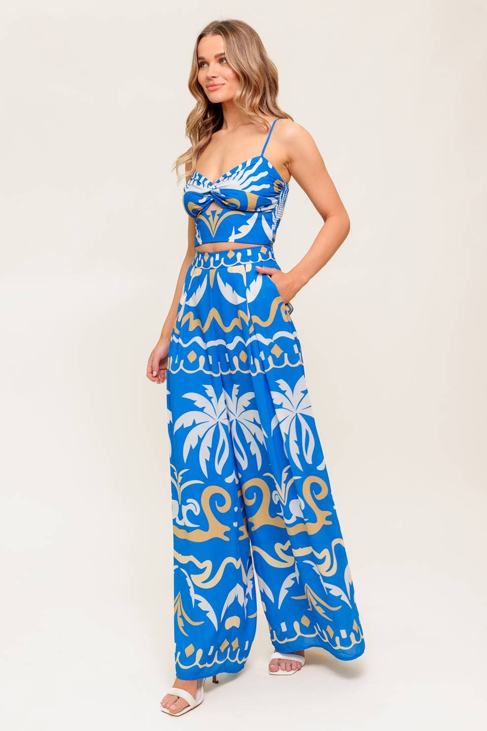 Blue Tropical Printed Woven Crop Top and Pant Set