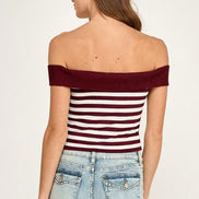 Burgundy Off Shoulder Stripe Knit Top