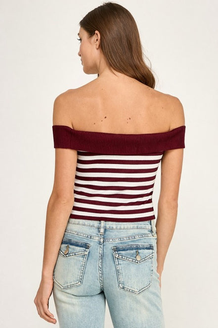 Burgundy Off Shoulder Stripe Knit Top