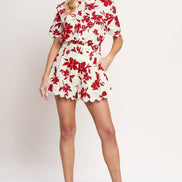 Red/Cream Floral Printed Short with Scalloped Edge