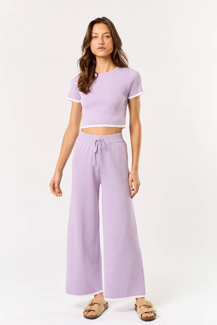 Lavender Contrast Hem Knit Cropped Top & Pants Set