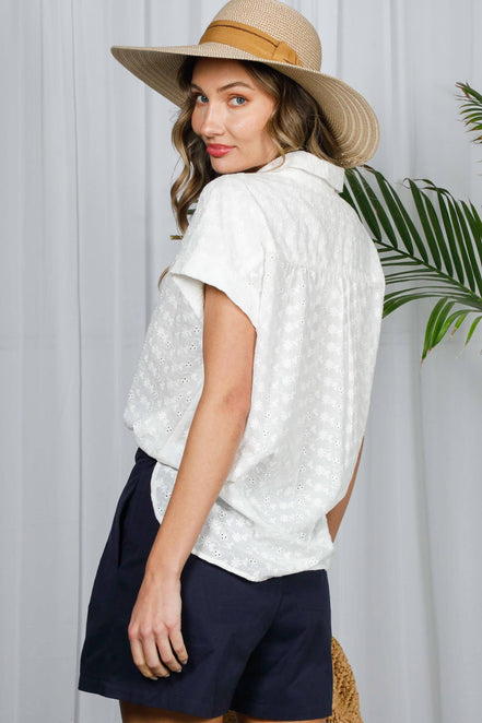 Floral Embroidered 100%Cotton Eyelet Lace Blouse Top